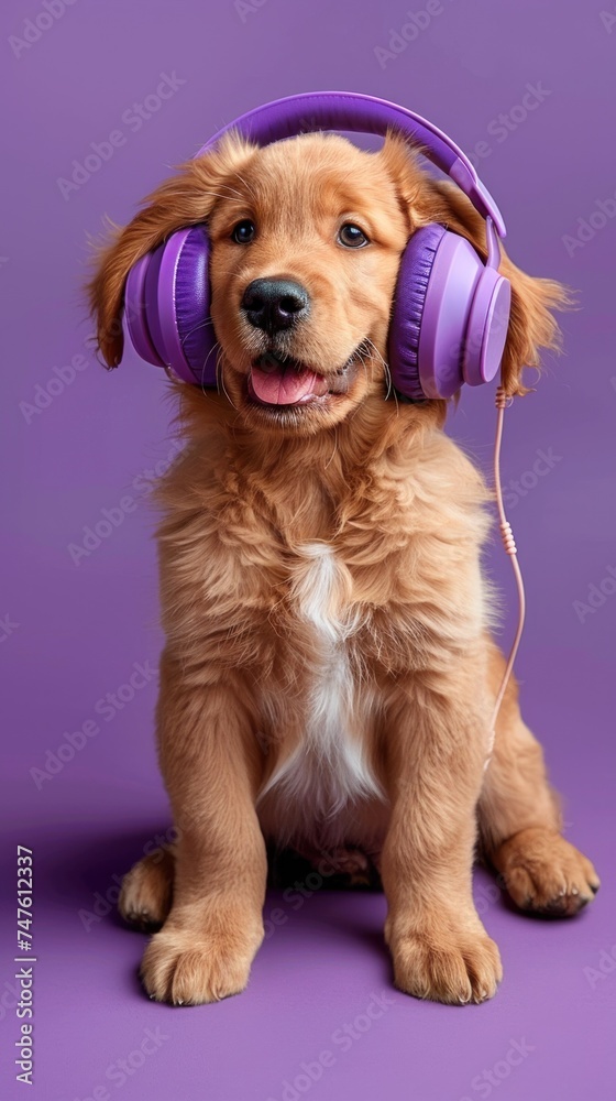A cheerful dog is sitting on a purple background while wearing headphones, showing an amusing and vibrant scene.