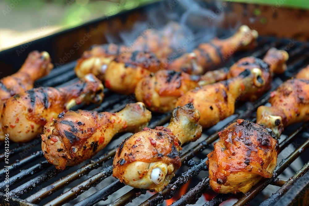 Grilled seasoned juicy chicken drumsticks over flames on a barbecue. AI Generated 