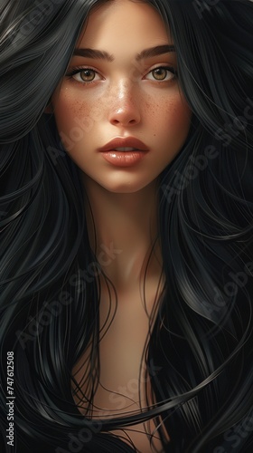 A digital painting featuring a beautiful woman with long black hair.