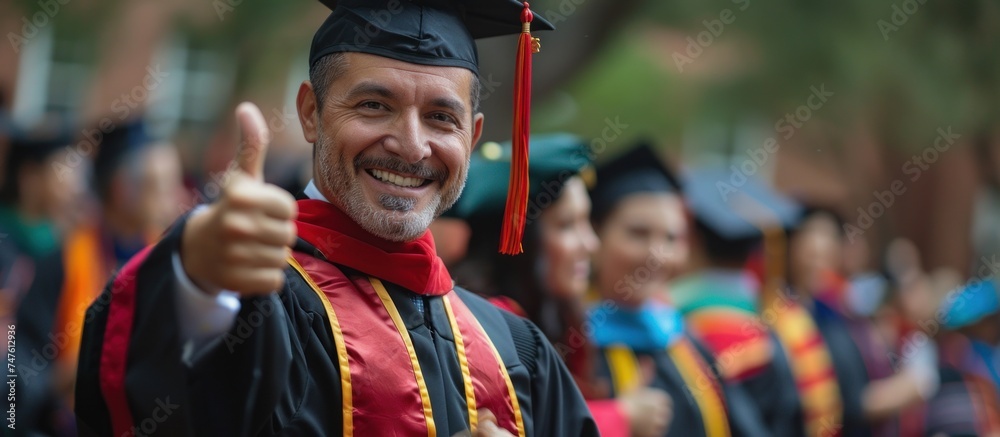 A man dressed in a cap and gown is smiling and giving a thumbs up gesture. A man dressed in a cap and gown is smiling and giving a thumbs up gesture.