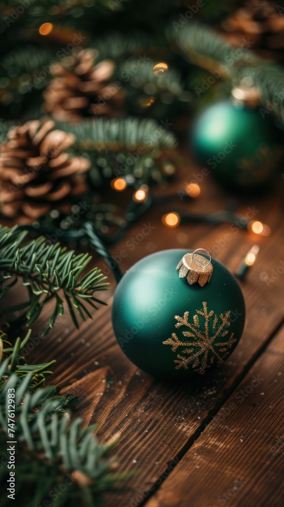 A green Christmas ornament resting on top of a wooden table. The simple yet festive decoration adds a touch of holiday spirit to the scene. A green Christmas ornament resting on top of a wooden table. The simple yet festive decoration adds a touch of holiday spirit to the scene.