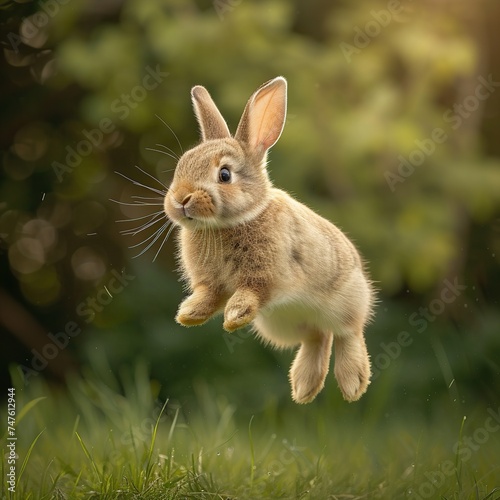 Cute little bunny jumping on green grass. Springtime nature scene.
