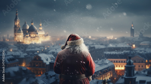 Santa Claus looks down on the city waiting to deliver the presents