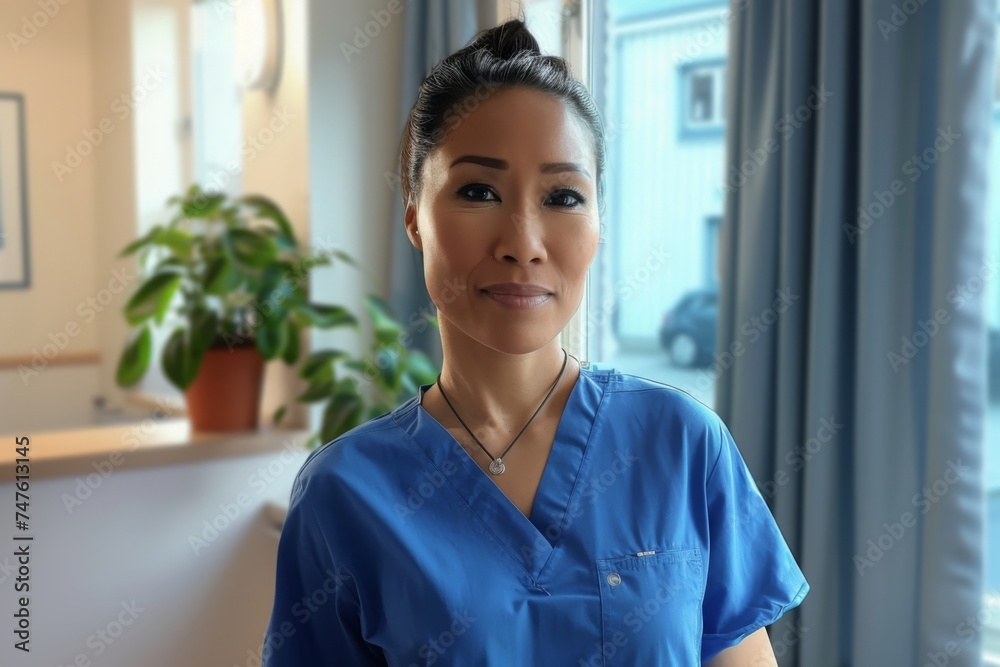 Confident Female Nurse in Blue Scrubs Standing in a Bright Hospital Room Confident Female Nurse in Blue Scrubs Standing in a Bright Hospital Room