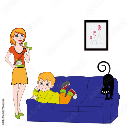 Niño tumbado en sofá y su madre hablando por teléfono retro.