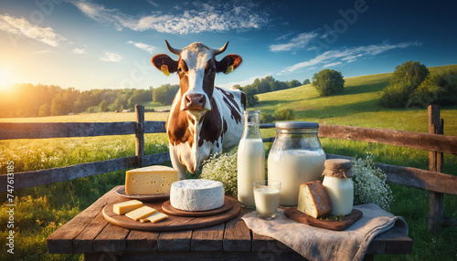Сow beside jars of fresh milk and artisan cow cheese on a rustic table, set in a lush meadow under a clear sky, showcasing the essence of dairy farming and traditional culinary crafts. 
