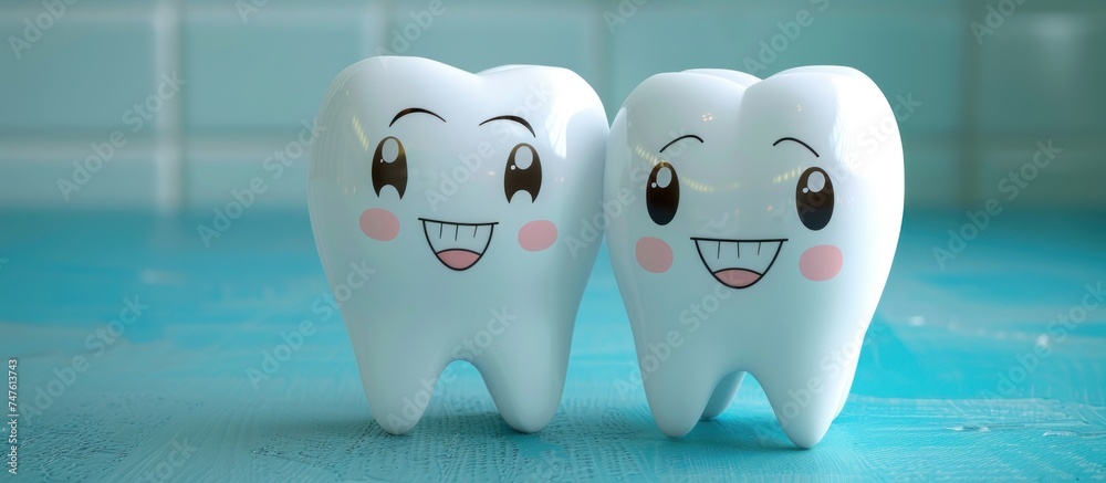 A bright picture featuring two white tooth sitting on top of a table, adding a touch of cleanliness to the scene. A bright picture featuring two white tooth sitting on top of a table, adding a touch of cleanliness to the scene.