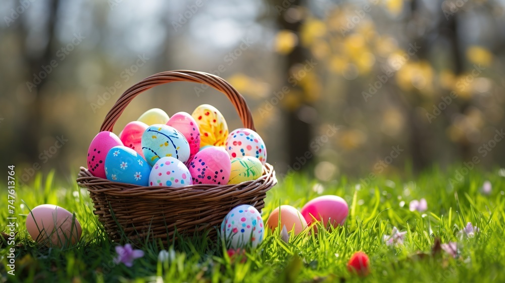 Colorful easter eggs in basket on green grass in spring garden
