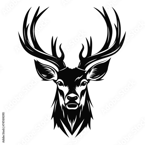 head of deer black and white vector illustration isolated transparent background logo  cut out or cutout t-shirt print design