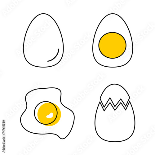 Colorful egg icons. Eggs in different condition. Cooking .Fried egg and eggshells 