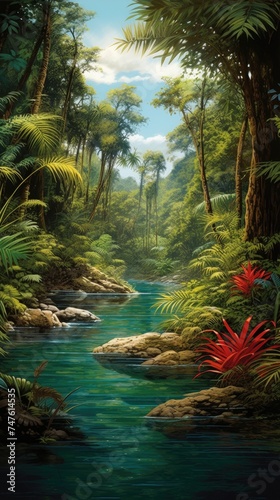 An artwork depicting a river as it winds its way through a lush forest, capturing the natural beauty of the landscape.