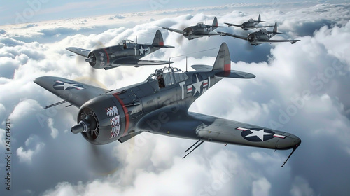 Vintage Fighter Planes Flying in Formation Above Clouds