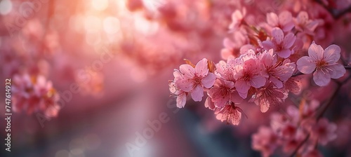 Cherry blossom branch on blurred background. Cherry blossom fest. Minimalist, modern, clean. Natural beauty, tranquility, simplicity. With copy space. Backgrounds, health and beauty products,  © Eugen