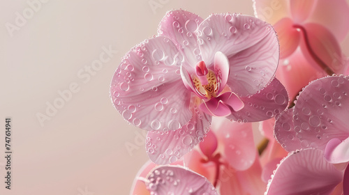 3D render of a hyper-realistic pink orchid with water droplets on its petals, showcasing the flower's elegance and the complexity of its structure, set against a minimalist background