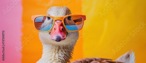 A duck with sunglasses sits with a pelican in front, showcasing a quirky and amusing moment in an unexpected pairing.