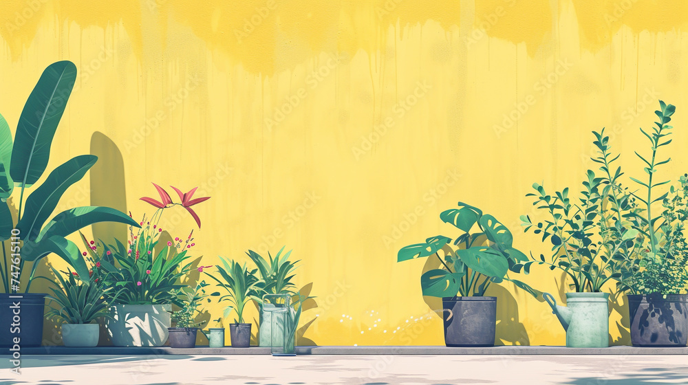 Artistic rendering of a peaceful garden scene in a minimalist style, with bold, simple shapes representing plants being watered, emphasizing the tranquility of plant care Artistic rendering of a peaceful garden scene in a minimalist style, with bold, simple shapes representing plants being watered, emphasizing the tranquility of plant care