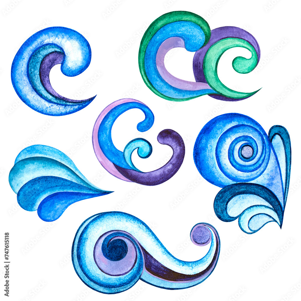 Set of abstract decorative elements of blue waves. Watercolor ornamental sea, ocean. Set of abstract decorative elements of blue waves. Watercolor ornamental sea, ocean.
