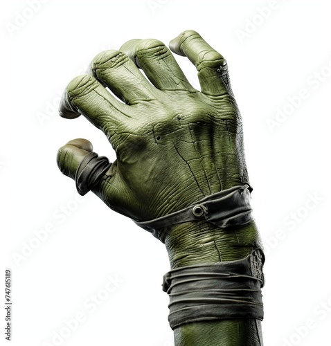 Green Frankenstein hand isolated on white background