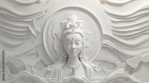 Detailed 3D model showcasing a paper cut design of a spiritual goddess in a minimalist style, with emphasis on texture and depth, plus blank space at the top for additional elements photo