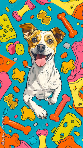 Cheerful Dog Surrounded by Colorful Dog Toys and Treats