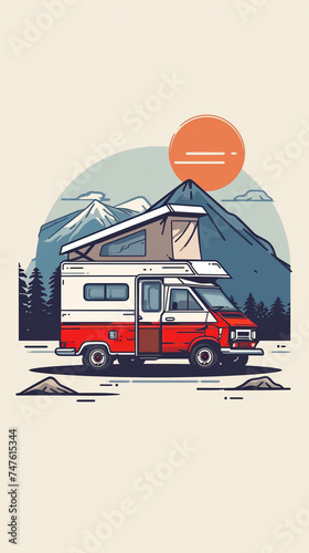 An illustrated red van travels on a highway with majestic mountains and clear skies in the background © JR-50