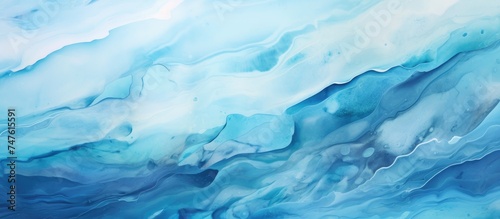 This abstract painting features swirling blue and white waves, creating a dynamic and rhythmic pattern on the canvas. The colors blend and flow together, evoking a sense of movement and energy.