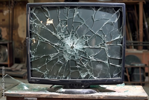 Broken TV on Wooden Table photo