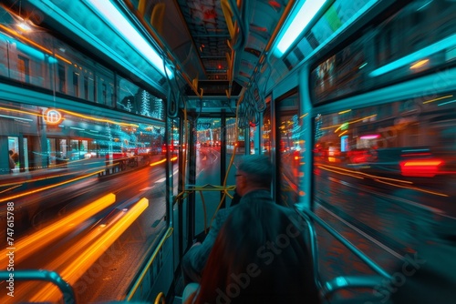 Man Riding Bus Down a Night Street