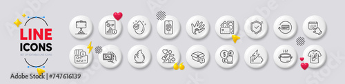 Image album, Secret package and Card line icons. White buttons 3d icons. Pack of Fire energy, Fingerprint, Saucepan icon. T-shirt design, Event click, Selfie stick pictogram. Vector
