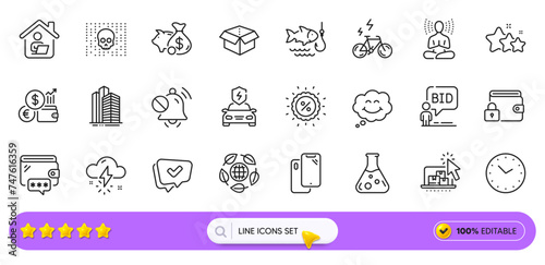 Piggy bank, Approved and Time line icons for web app. Pack of Chemistry lab, Smartphone, Cyber attack pictogram icons. E-bike, Smile, Car charging signs. Currency rate, Yoga, Stars. Search bar. Vector