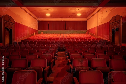 Empty Auditorium With Rows of Red Seats