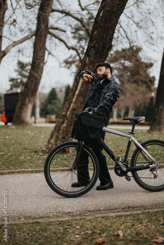 A business entrepreneur in a leather jacket leaning on a bike, checking his watch in an outdoor setting.