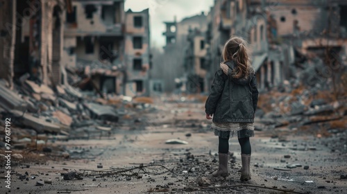 Little girl in front of war-ravaged buildings. Conflict. AI generative.