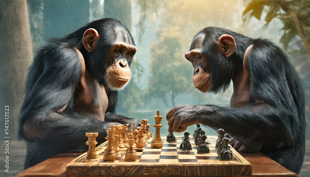 Strategic Primate Duo: Two Chimpanzees Engaged in Chess Match - obrazy, fototapety, plakaty 