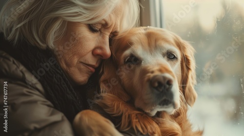 lonely senior woman with her golden retriever lovely dog at home in autumn.
