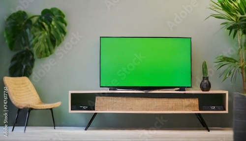 Modern Entertainment Setup: Green Screen TV atop Table © Only 4K Ultra HD