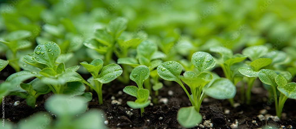 A cluster of Canast salad seedlings in dirt, ideal for transplanting. A cluster of Canast salad seedlings in dirt, ideal for transplanting.
