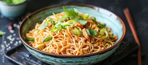 A bowl filled with noodles and a variety of vegetables is placed on top of a table.