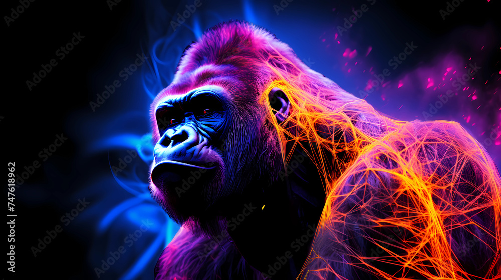 Gorilla Animal Plexus Neon Black Background Digital Desktop Wallpaper HD 4k Network Light Glowing Laser Motion Bright Abstract	