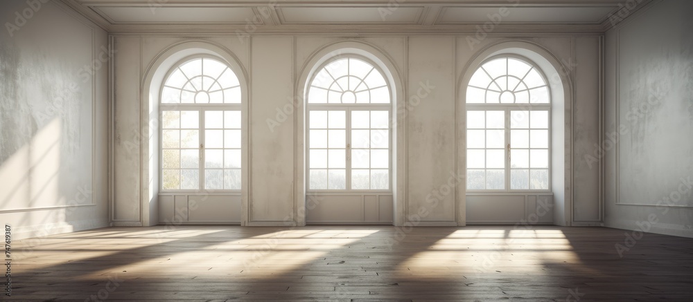 An empty room featuring three arched windows that allow natural light to filter in, creating a bright and airy atmosphere. The windows provide a view of the outside world,