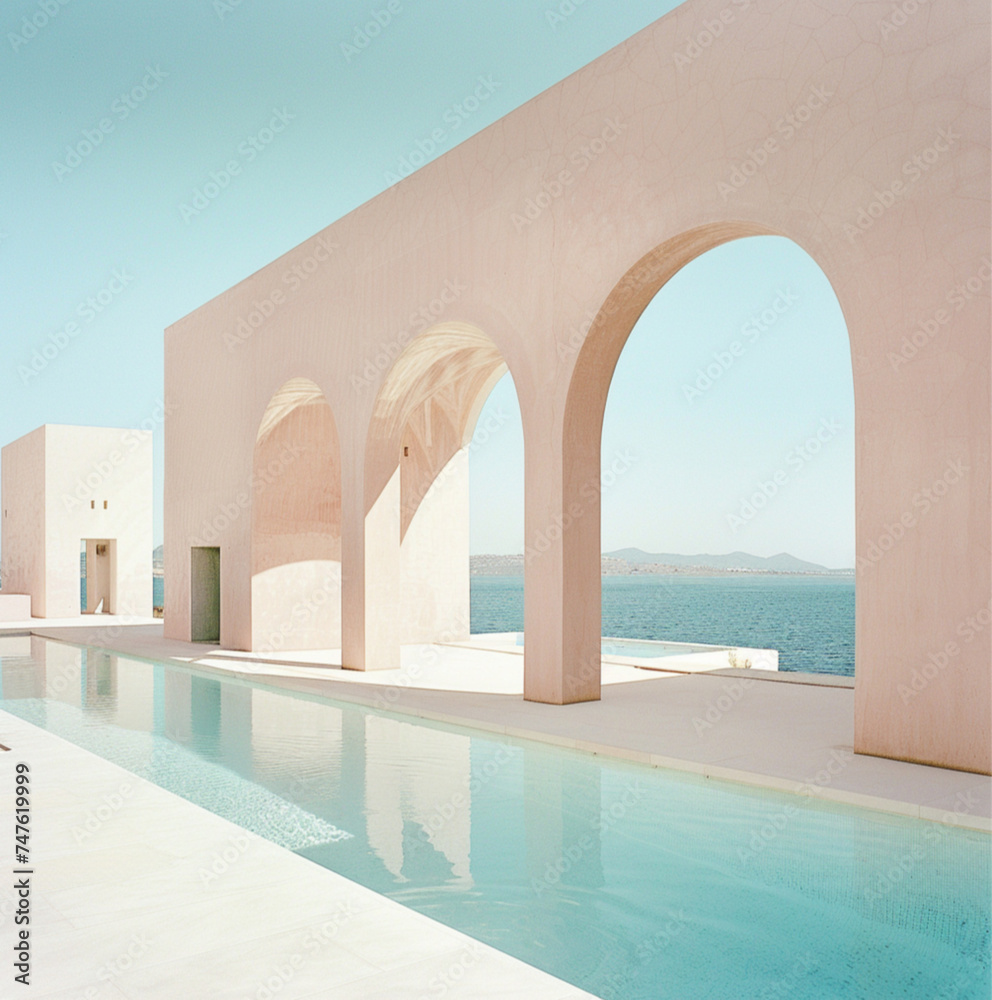 the swimming pool overlooks the ocean, light white and light beige, simplicity