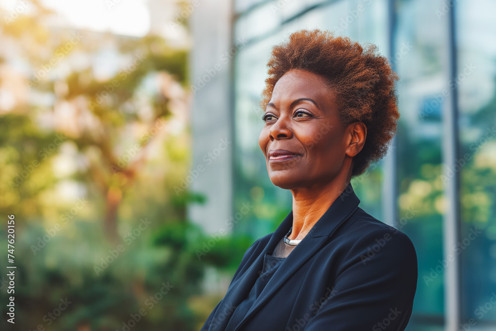 Obraz premium Satisfied older afro american Businesswoman in suit going home after long working day and looking at side. Modern building with some greenery in background, little blur.