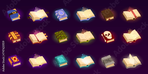 Open and closed magic books of spells. Fantasy alchemy grimoires, closed and open wizard diary with mysterious glow and sparks. Witchcraft game ancient volumes with esoteric recipes