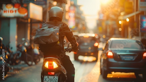 Courier, delivery man on the motorcycles in the street, Fast transport express home delivery online order, food delivery, Blurred imageCourier, delivery man on the motorcycles in the street, Fast tran