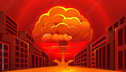 Atomic bomb in city. Symbol of nuclear war. Nuclear explosion. Huge mushroom cloud
