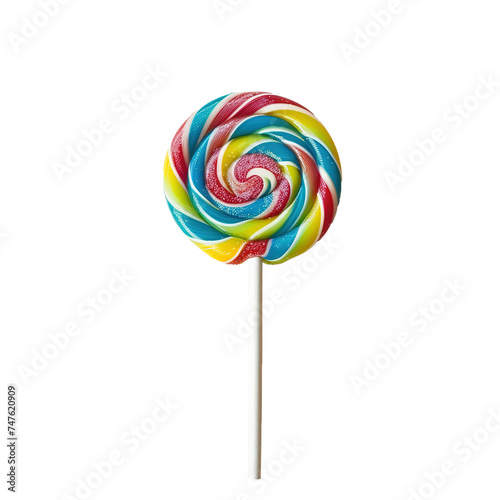 Colorful rainbow lollipop swirl on wooden stick isolated on white background 