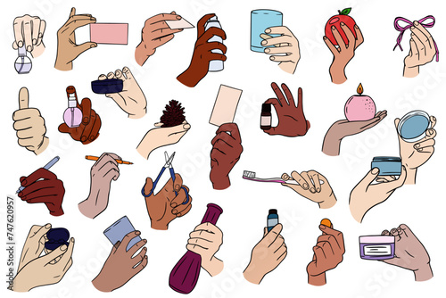 Set of Colorful Hands holding stuff. Different operations and gestures. Miscellaneous gestures, signs and symbols. Hand drawn Vector illustration EPS10.