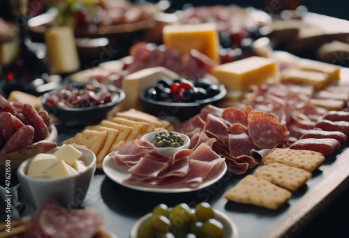 Appetizers table with differents antipasti cheese charcuterie snacks and wine Sausage ham tapas olives