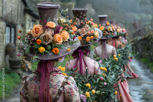 An elaborate Easter bonnet competition with floral designs in a charming village square, Vintage Style