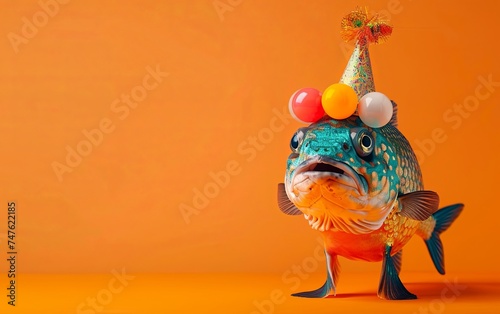 Fish in party theme portrait on solid pastel background. Birthday. presentation. advertisement. invitation. copy text space. 